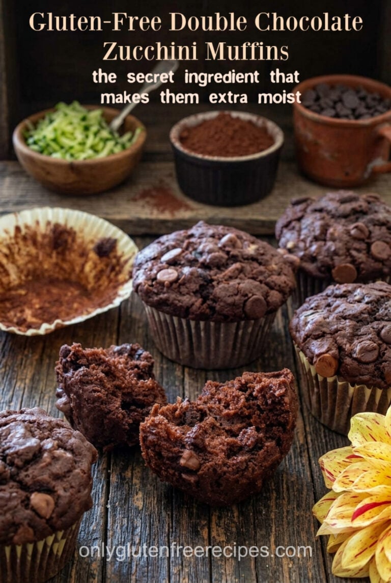 A close-up shot of several rich chocolate-chip zucchini muffins arranged on a dark, rustic wooden table. In the foreground, a gluten-free muffin is broken into pieces, revealing a soft, moist texture with visible chocolate chips