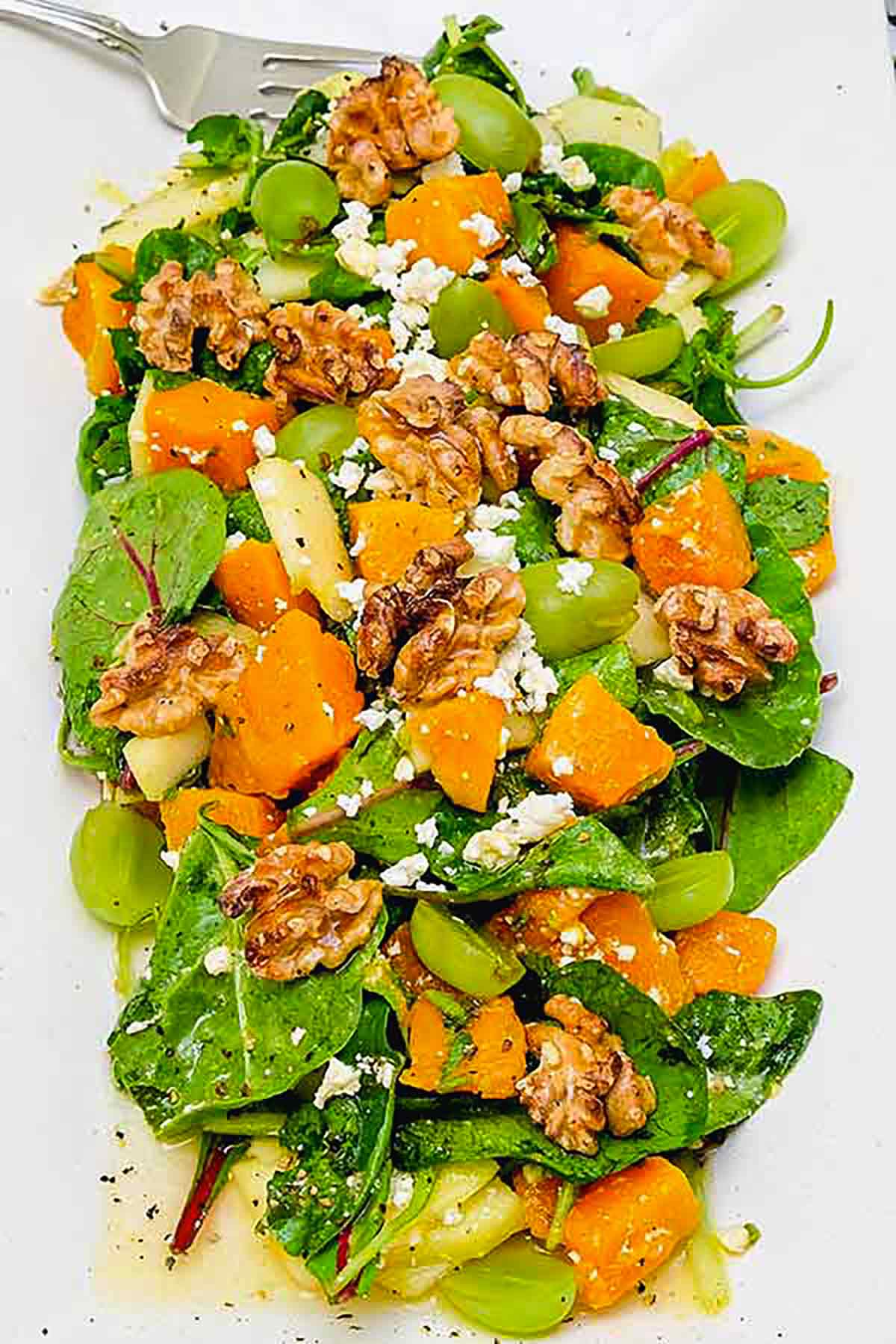 Roasted Butternut Squash Salad with greens and Orange Vinaigrette on a platter
