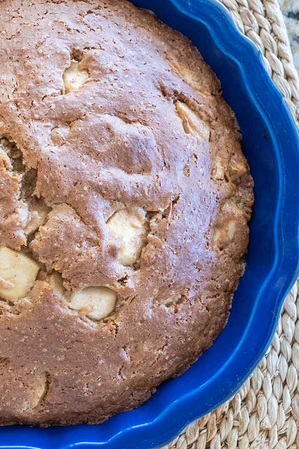 overview of baked cake in a round baking dish