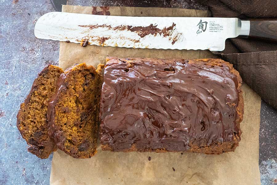 pumpkin chocolate fudge bread sliced