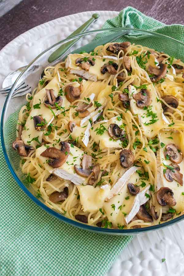 mushroom carbonara on a plate.