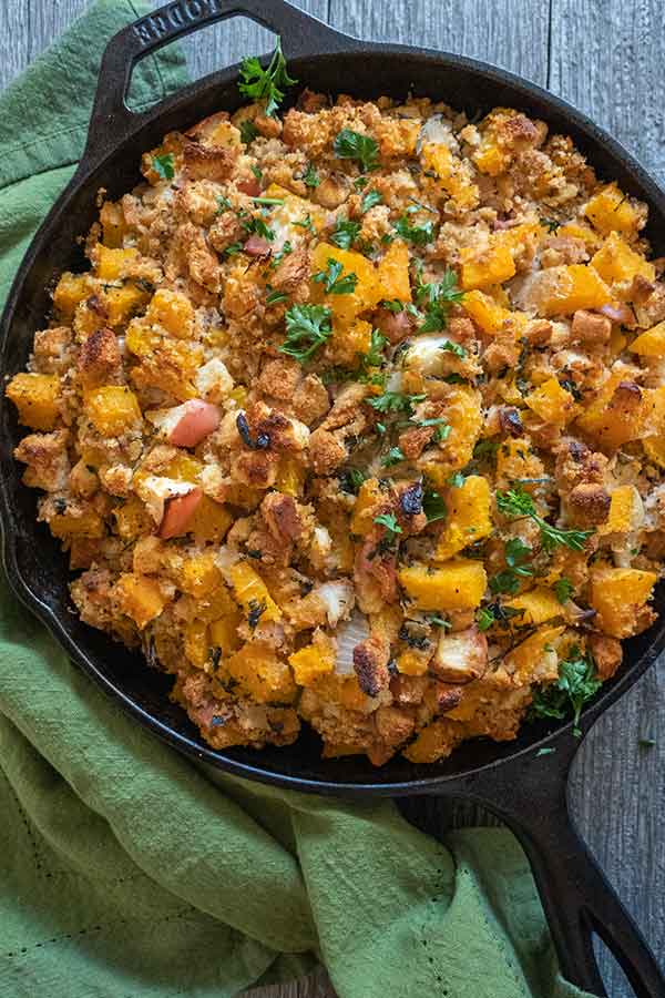 gluten free apple butternut squash stuffing in a skillet