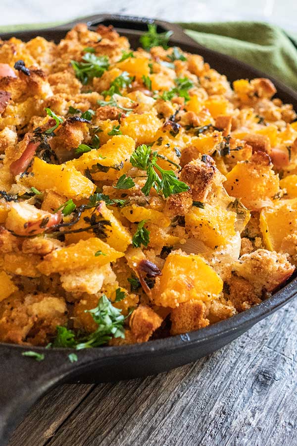 gluten free apple butternut squash stuffing in a skillet