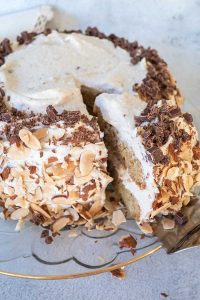 gluten-free amaretto cannoli cake on a platter