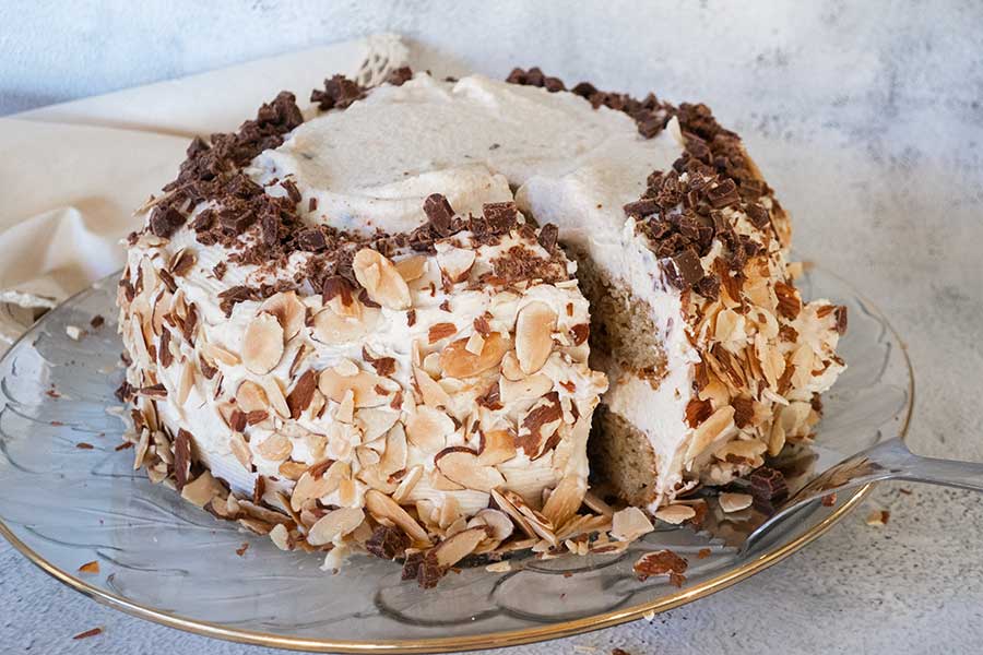 whole cannoli cake on a platter, gluten free