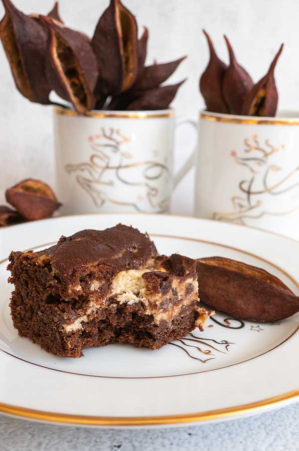 brownie on a plate with a bite out of it