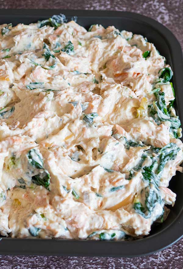 uncooked salmon dip mixture in a pan