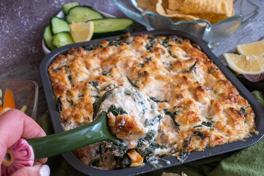 baked hot salmon dip in a pan