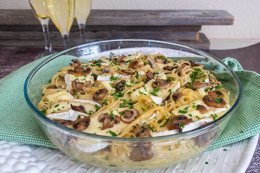gluten free mushroom carbonara noodles with brie