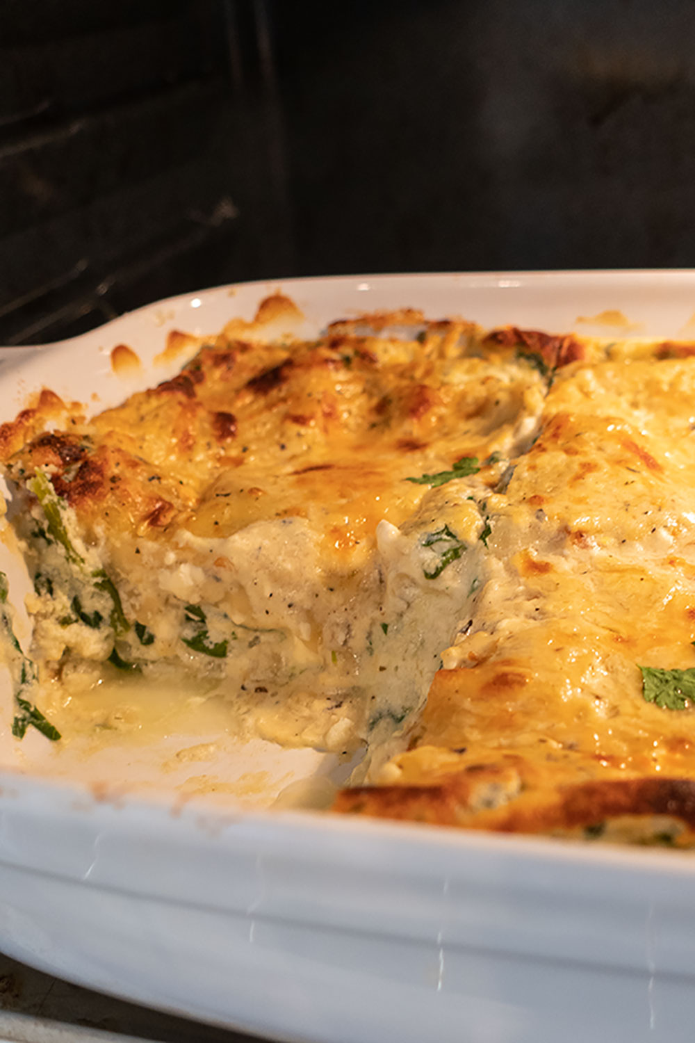 close up of baked white lasagna