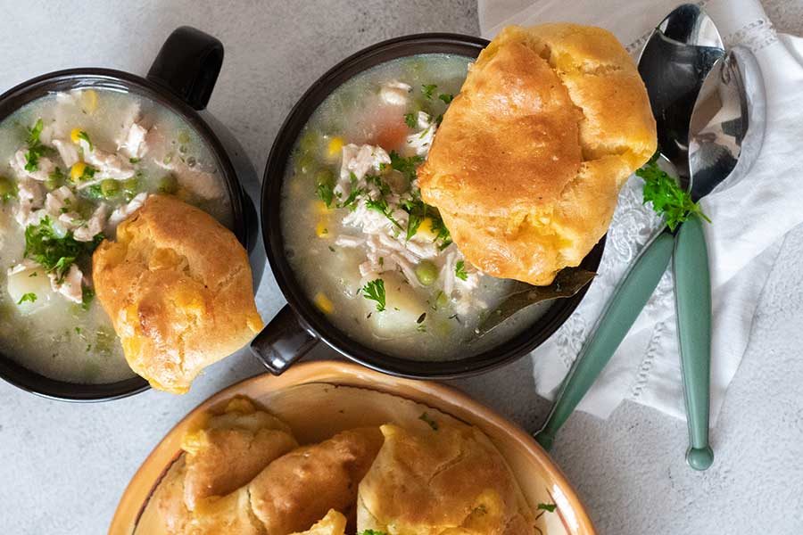 two bowls of chicken pot pie soup, fall recipe