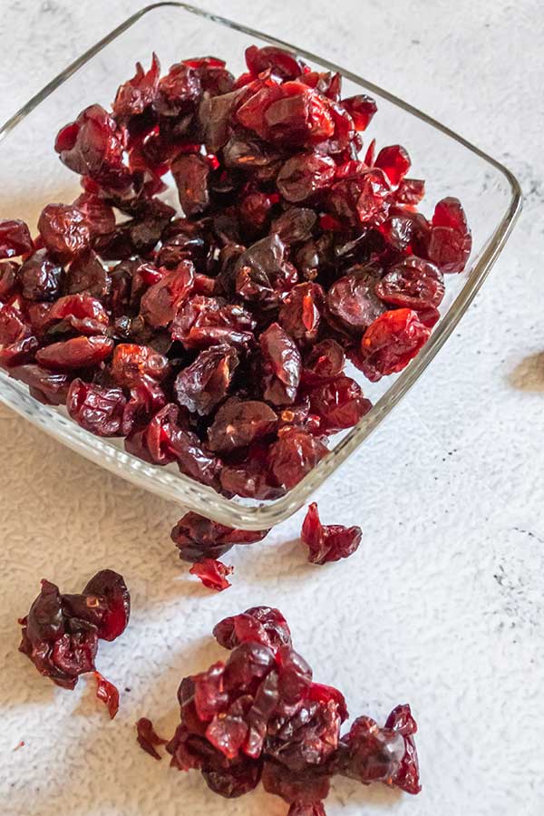 dried cranberries in a glass bowl