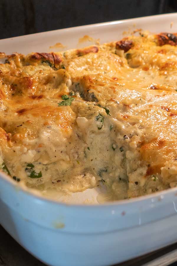 gluten-free white lasagna in a baking dish