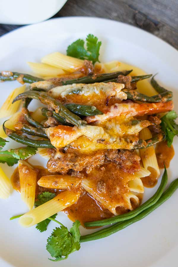 ground beef and green beans casserole over pasta