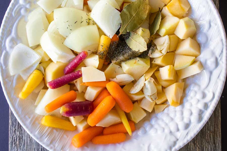 cubed root vegetables on a plate