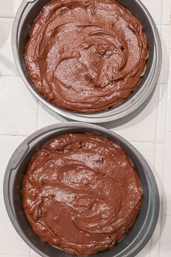 chocolate cake batter in pans