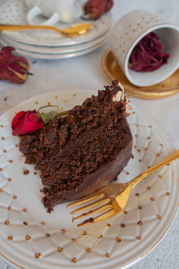 side view of sliced sacher torte