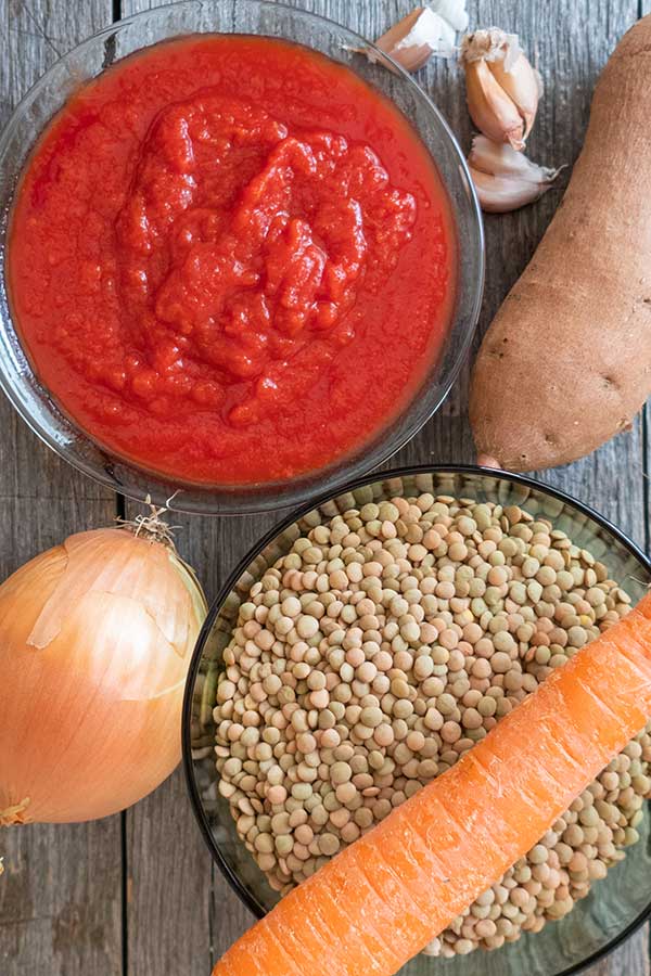 lentils onion garlic carrot sweet potato crushed tomatoes for a chilli