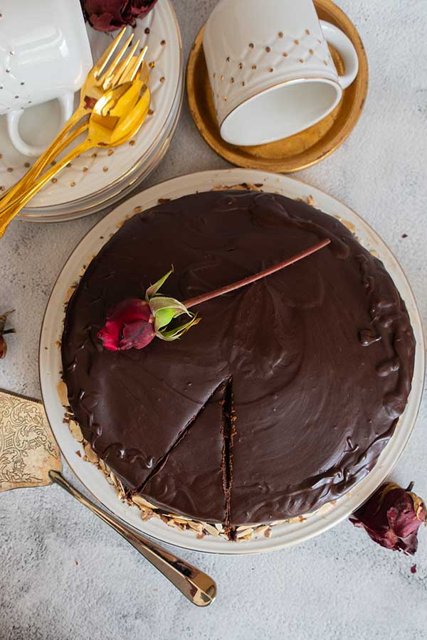 sacher torte on a platter