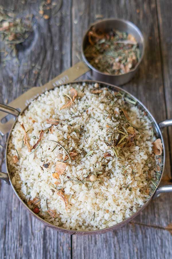 panko topped with herbs in a pan