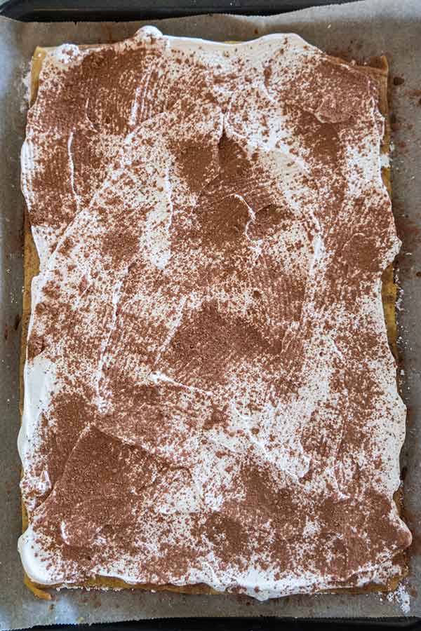 sponge cake topped with whipped cream and cocoa