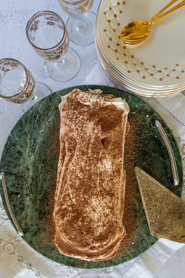 top view of tiramisu Swiss roll 