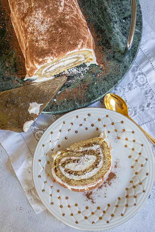 top view of gluten free tiramisu Swiss roll