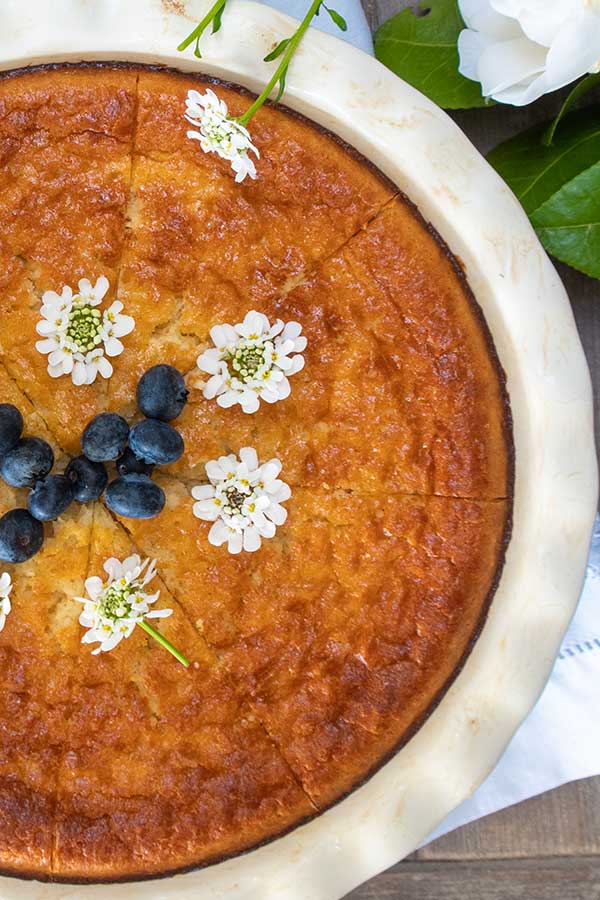 top view of baked coconut pie in a dish