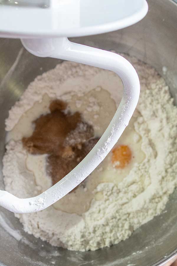 flour, psyllium husk gel and eggs in a mixer bowl