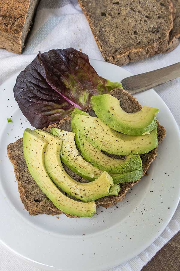 top view of a slice of bread topped with avocado slices