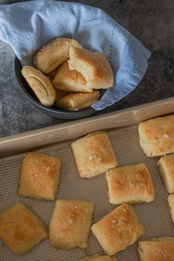 top view of rolls in a pan and a bowl