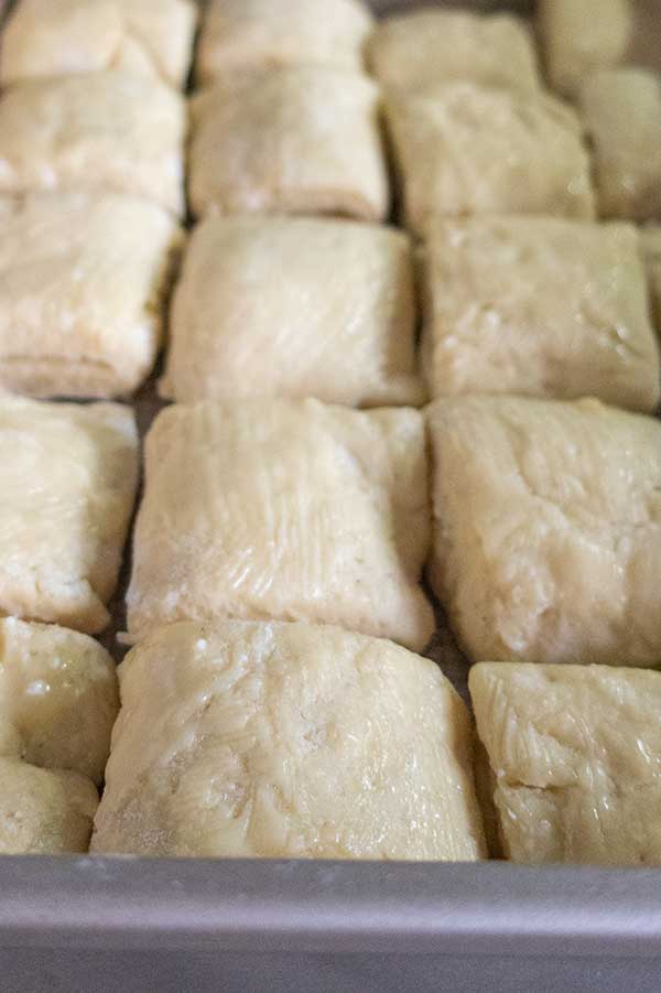 Parker house rolls brushed with butter in a pan before baking