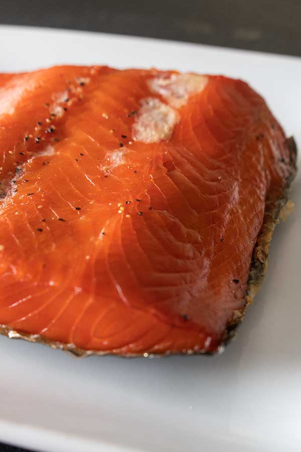 piece of smoked salmon with skin