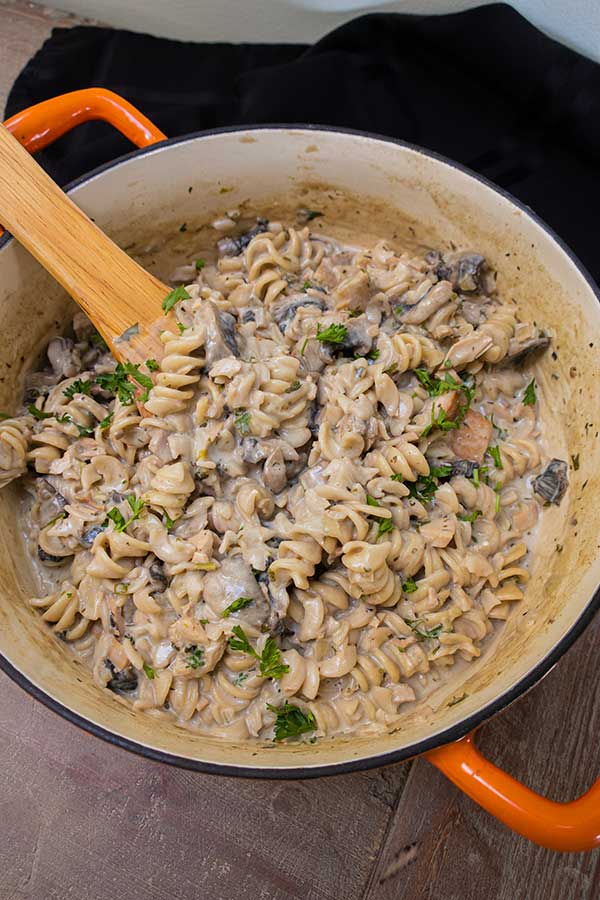 top view of leftover turkey stroganoff in a pot