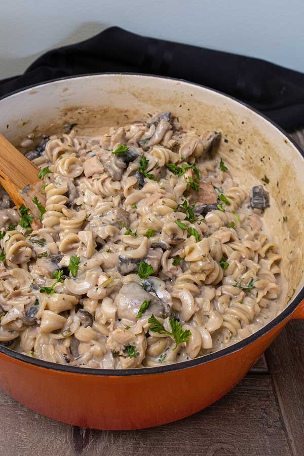 leftover turkey stroganoff with noodles in a pot