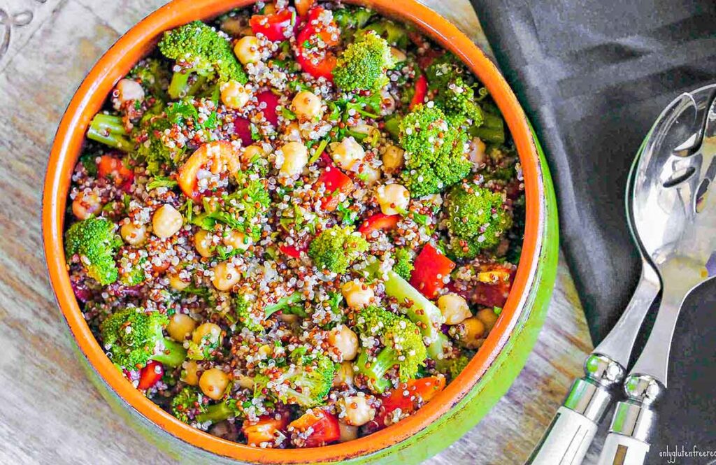 broccoli chickpea quinoa salad in a bowl