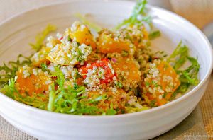 gluten free grain salad with quinoa and butternut squash in a bowl