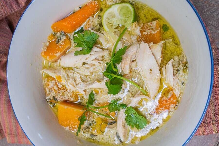 overview of leftover turkey and vegetable soup in a bowl