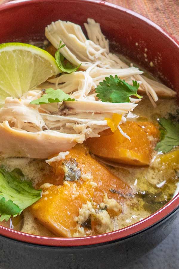 close up of Thai green chicken soup in a bowl
