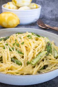 lemon pasta with asparagus on a plate, gluten free