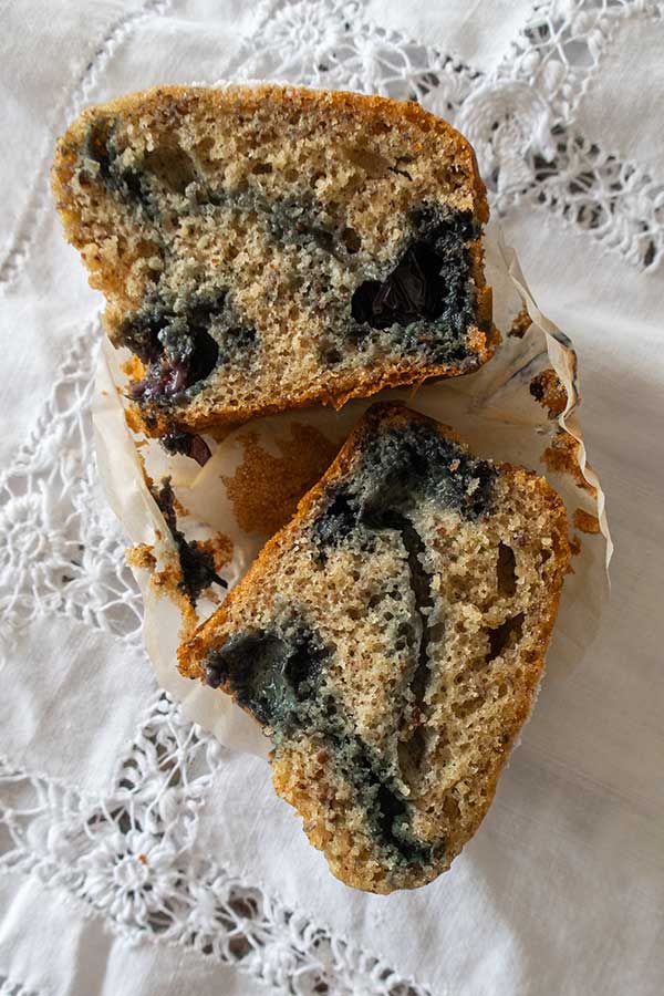 sliced in half gluten free blueberry muffin