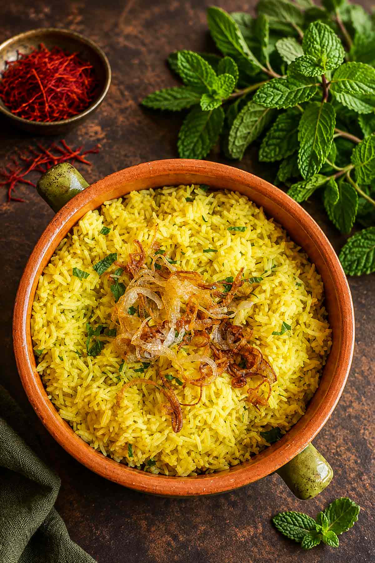 Indian Saffron Basmati Rice With Mint & Caramelized Onions, with a bowl of saffron threads on the side