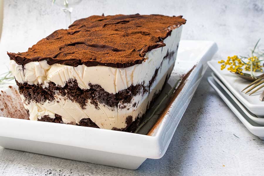 brownie ice cream lasagna on a platter