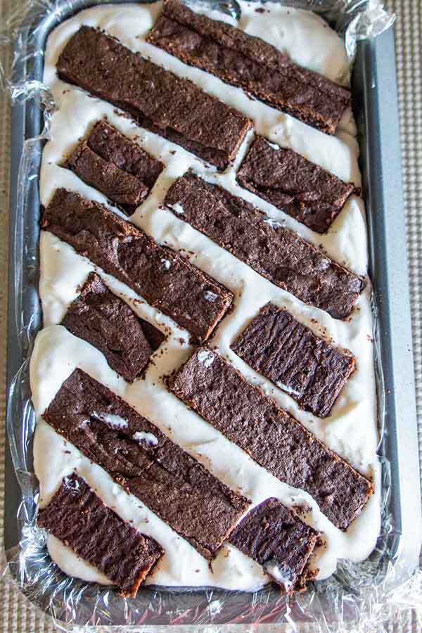 top view of brownie ice cream lasagna in a loaf pan
