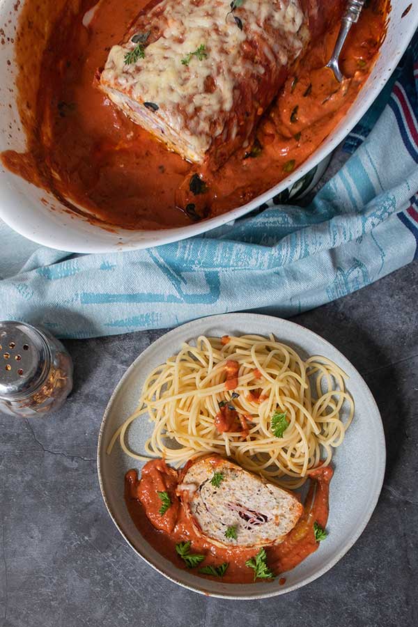 top view of sliced meatloaf with pasta