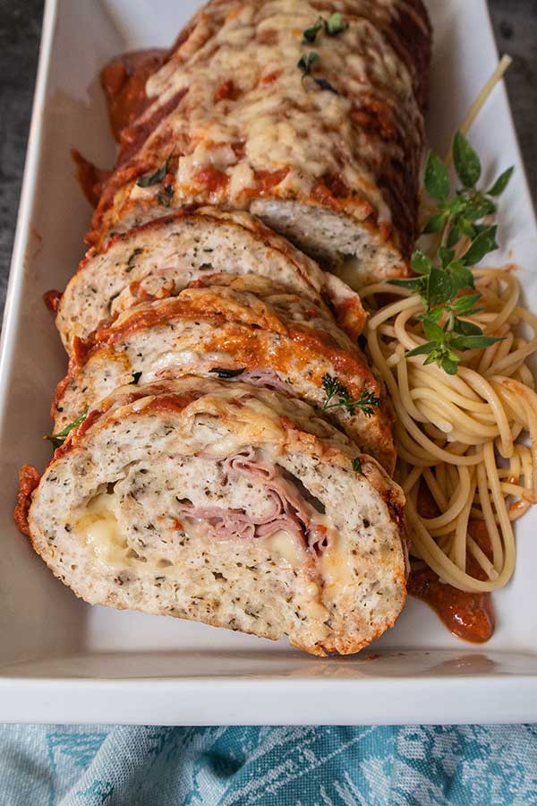 sliced chicken meatloaf with pasta, gluten free