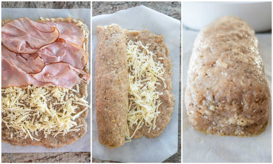 step 1 to 3 making chicken cordon bleu meatloaf