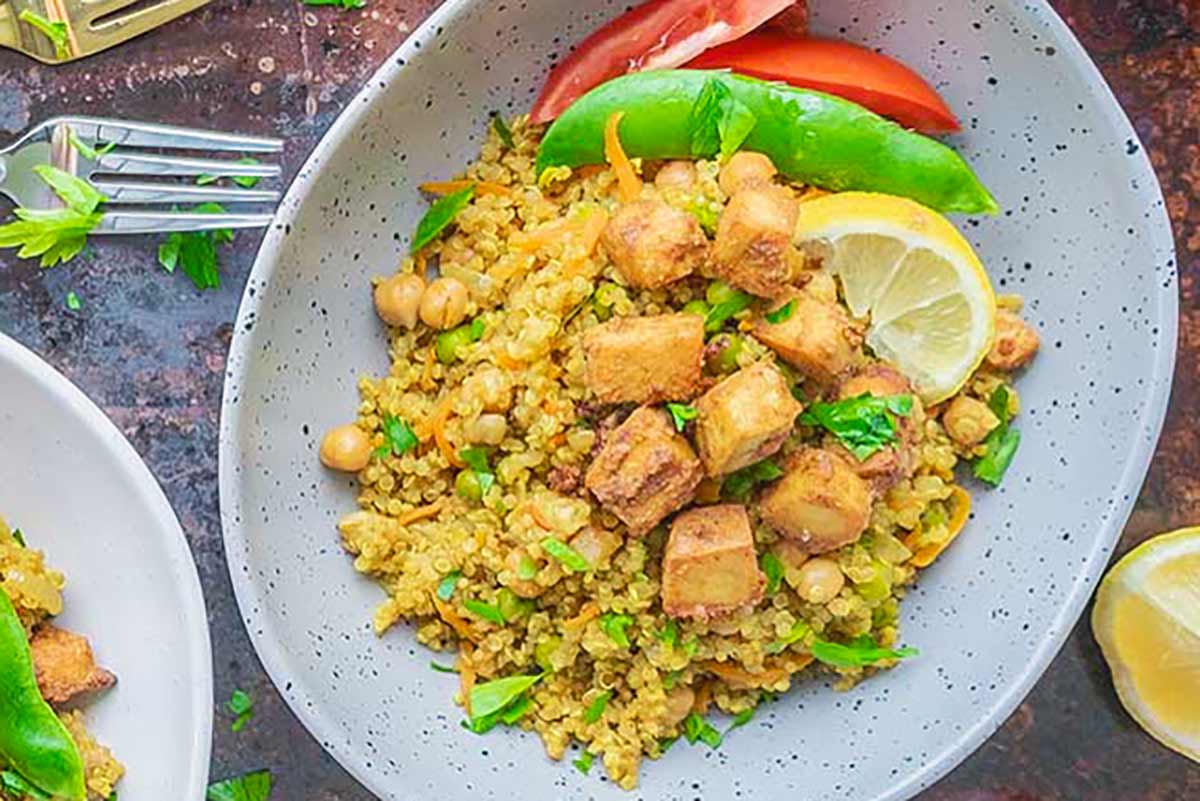 vegan tandoori chicken quinoa bowl with Indian spices