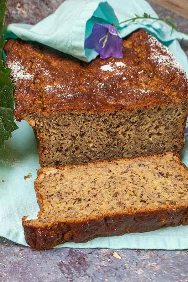 front view of sliced zucchini banana bread