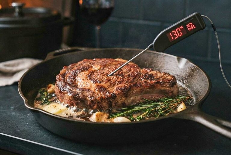 Meat Cooking Temperatures: A Complete Guide to Meat Temps showing a cooked steak in a skillet